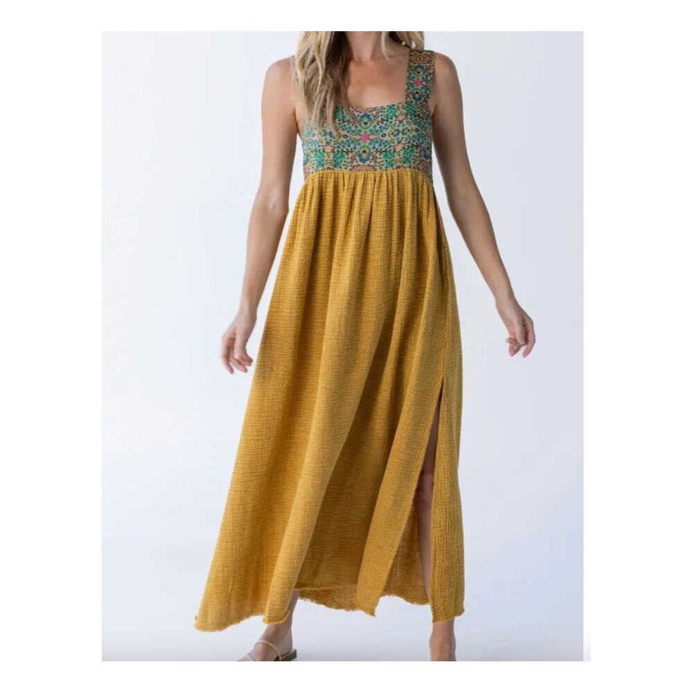 Natural Life Tricia Maxi Dress Mustard Gauze Floral XXL